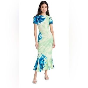 Rhode Lulani Dress Tie Dye Maxi Green‎ Blue Ruffle Short Sleeve Midi Sundress 4